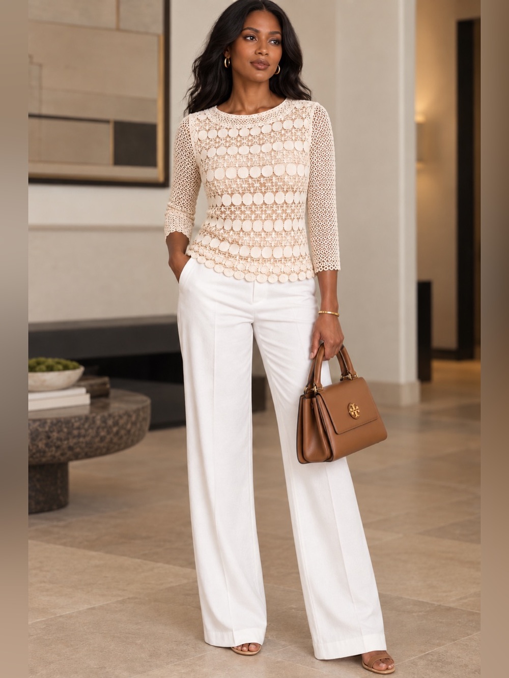 Tory Burch Ivory Crochet Lace 3/4 Sleeve Blouse Sz. 8